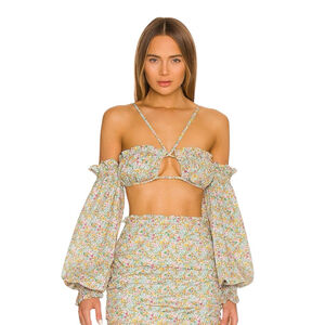 FOR LOVE & LEMONS Raleigh Puff Sleeve Open Back Crop Top Pink Blue Floral Small